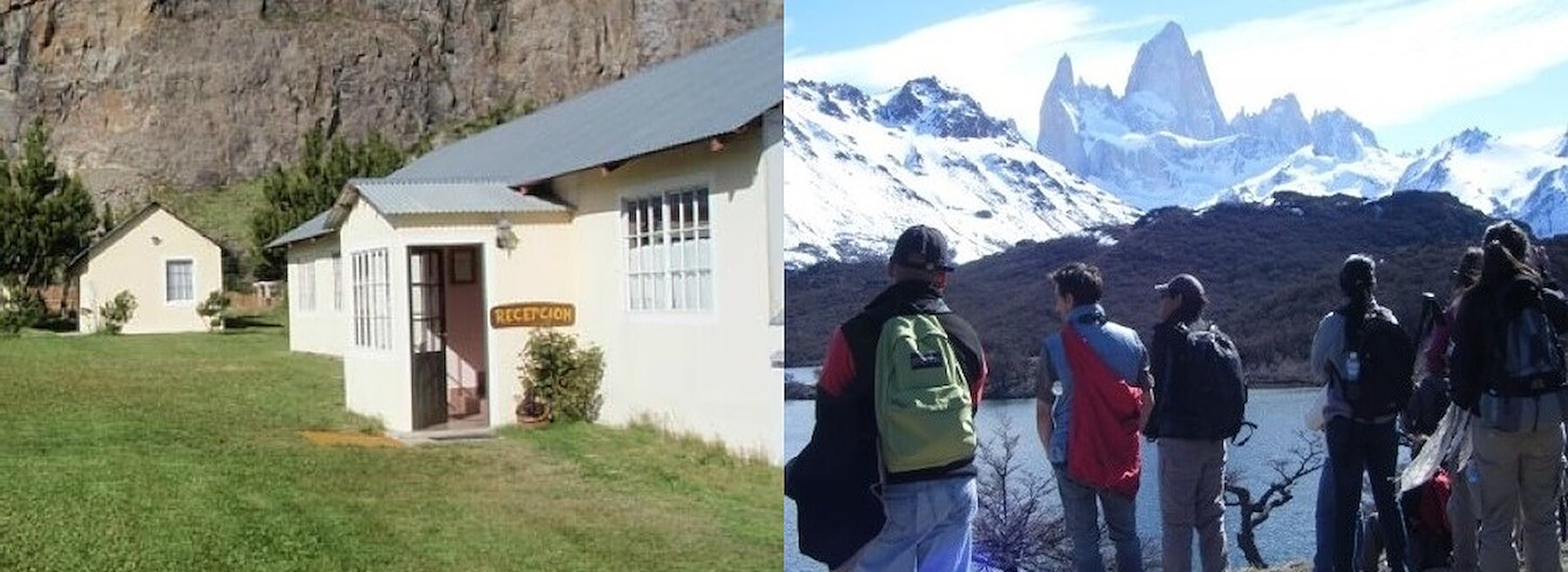 Fachada do Hotel Piedras Blancas em El Chaltén e dois caminhantes diante das montanhas nevadas
